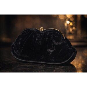 Vintage Black Velvet Kiss Lock Clutch Purse Gold Frame Evening Bag L&M 1960s
